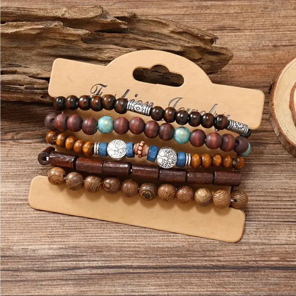 5 Pcs/Set Vintage-Inspired Simple Fashion Elastic Wooden Bead‎ Couple Bracelet